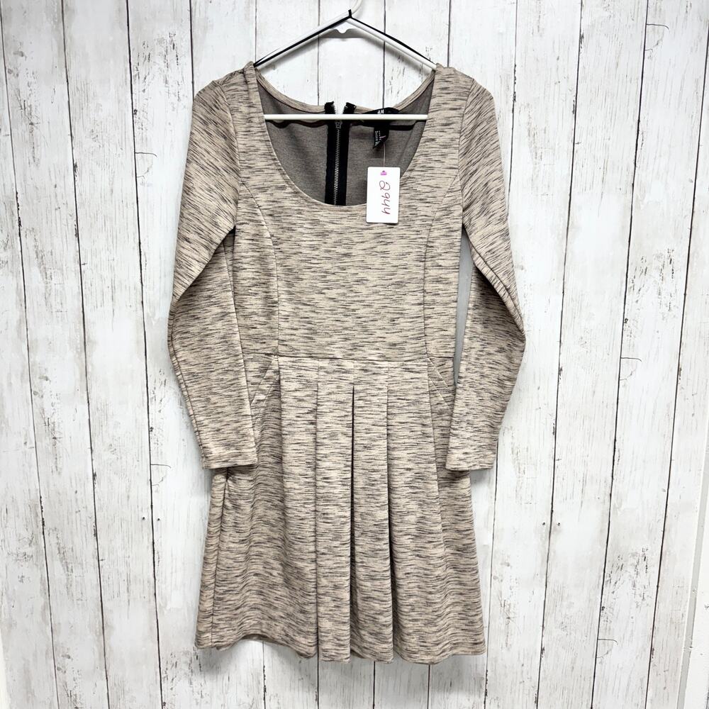 H&M Dress Women Size Small Space Dye Ponte Knit Long Sleeve Midi Pleated Pockets